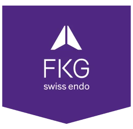 Logo of FKG Swiss Endo displayed in a purple banner with a distinctive triangular symbol.